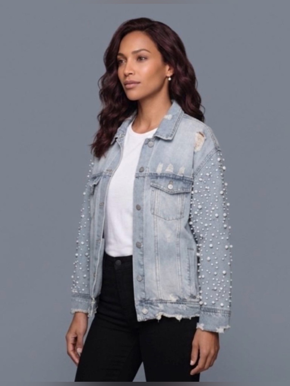 Sunset + Spring Oversized Distressed Denim Jacket Faux Pearl Detail Size M